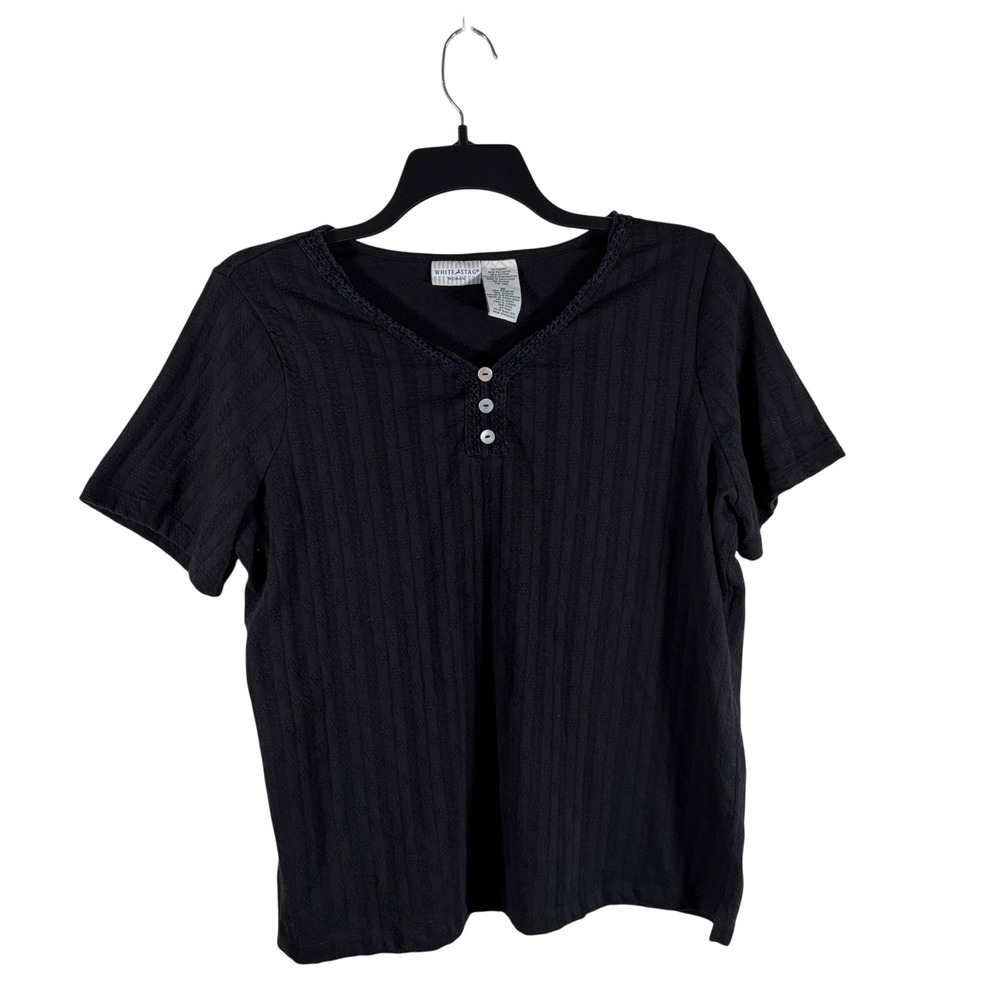 Vintage Y2K White Stag Crochet Trim Pointelle Henley Tee Top Black Plus 1X 16W